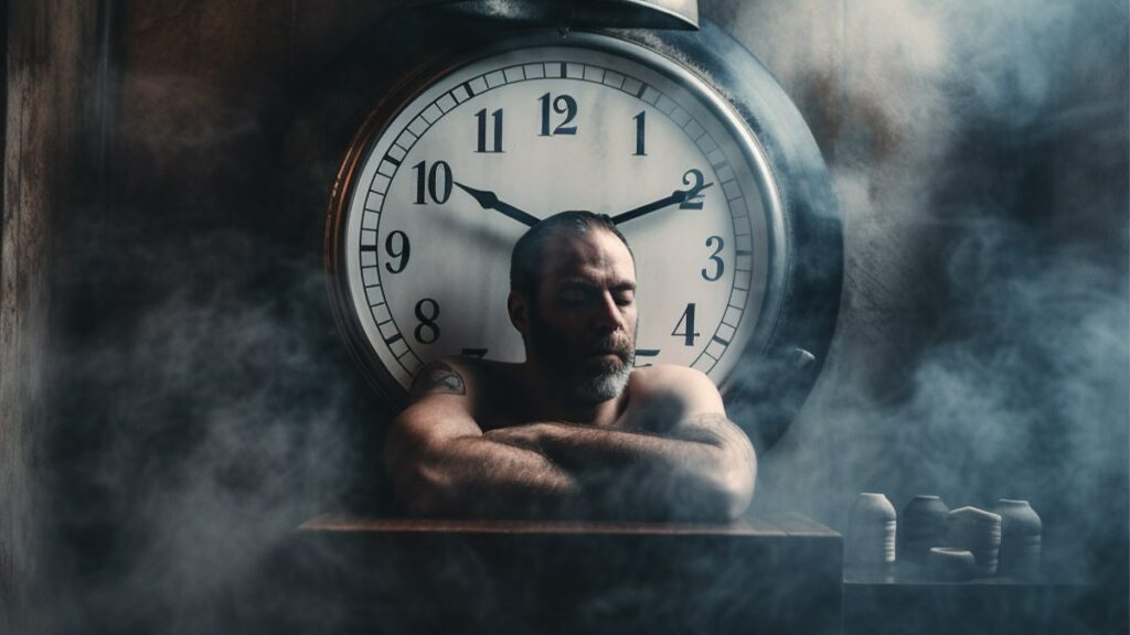 Man in dark steamy sauna, with a clock behind time.